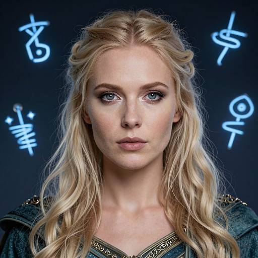 Photograph of a blonde woman with blue eyes, wearing a dark, detailed garment, against a blue background with glowing white runes.