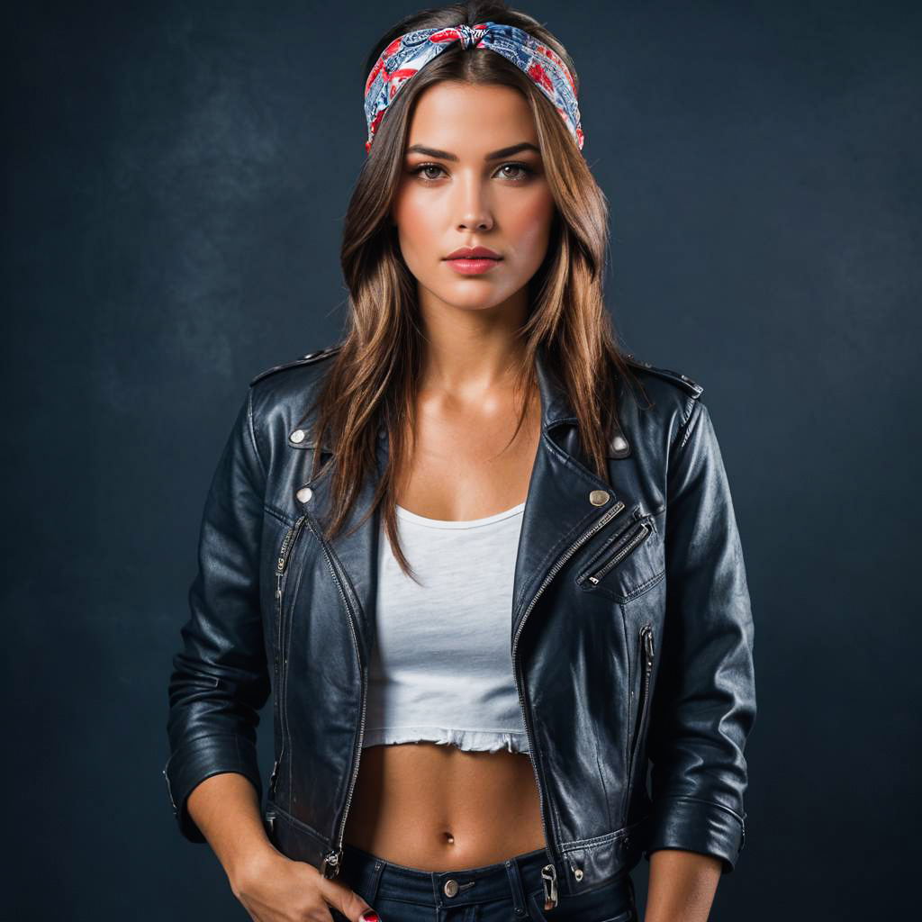 Intense Young Woman in Retro Biker Style