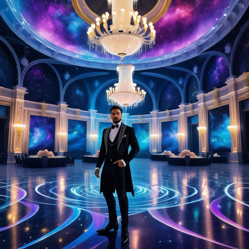 Surreal Tuxedo Man in Starry Ballroom