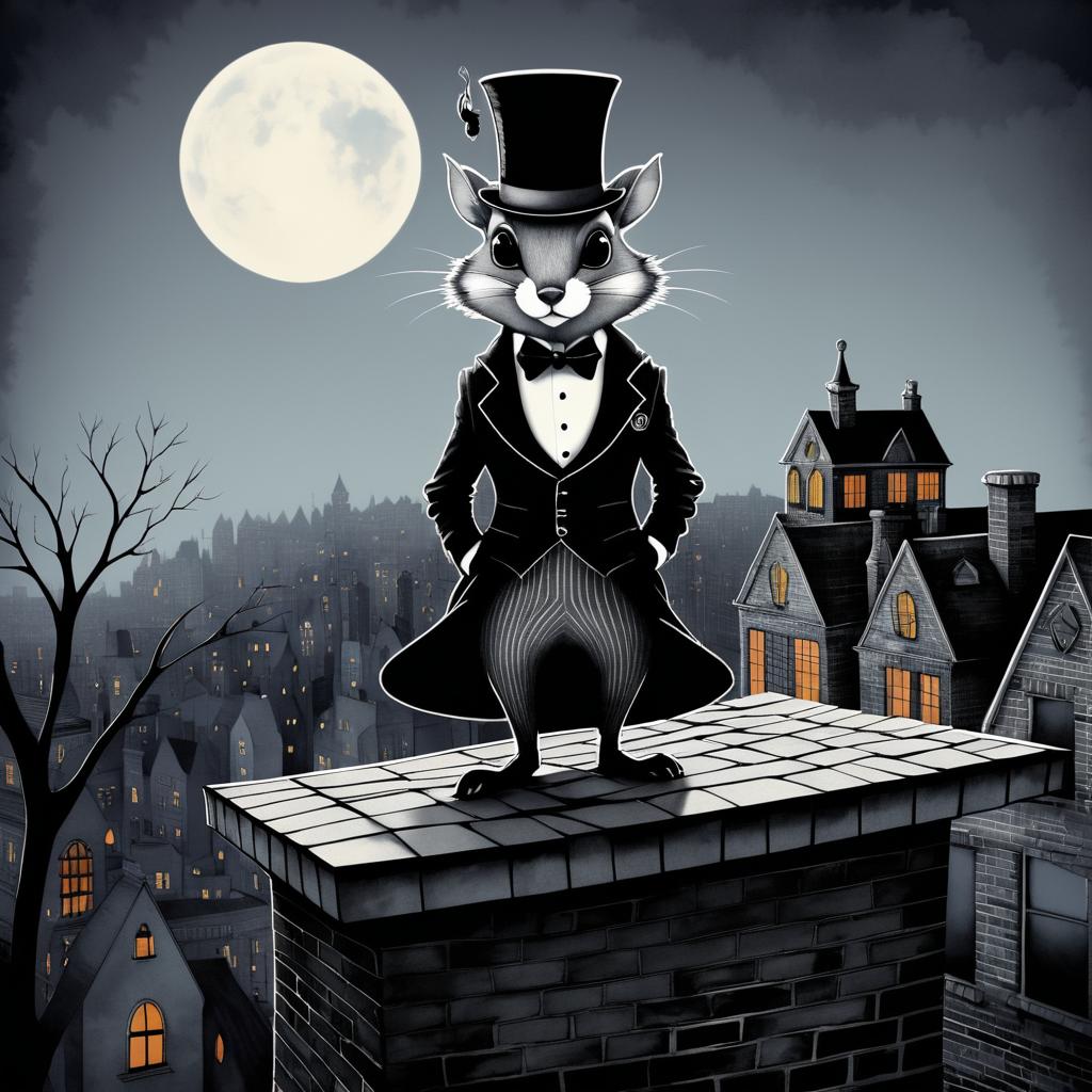 Dapper Squirrel on Spooky Rooftop