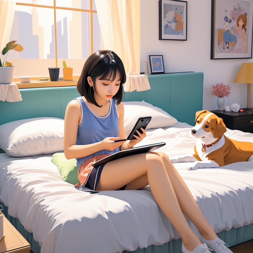 Anime Girl and Pets in Bed Scene