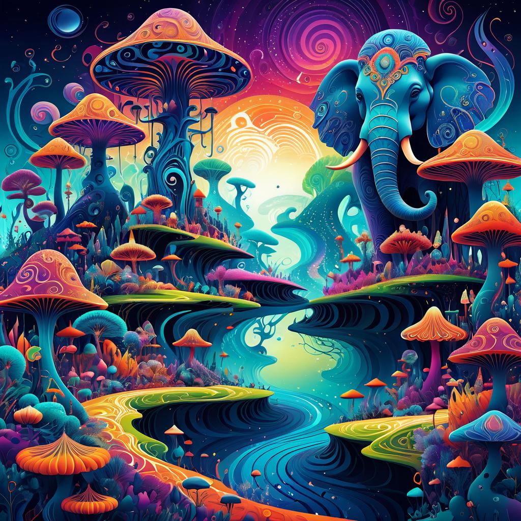 Vibrant Surrealist Landscape with Fantastical Creatures