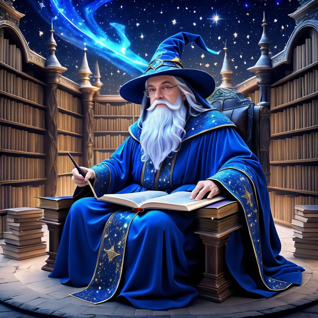 The Enigmatic Wizard in a Magical Library