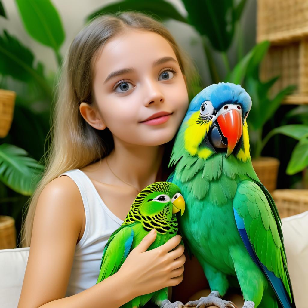 Girl Embracing Parrot with Budgie