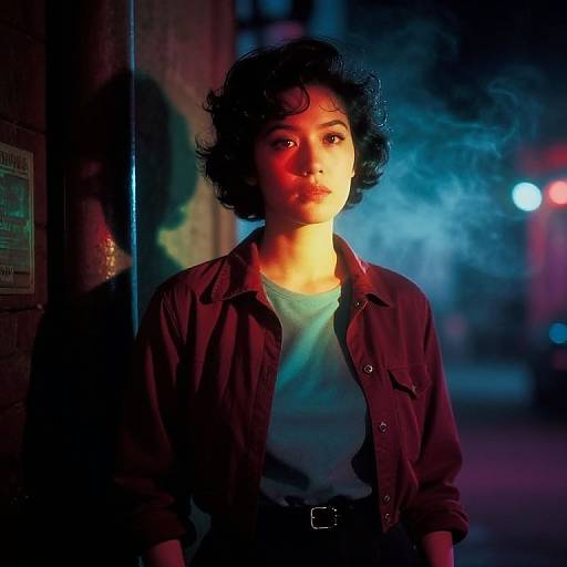 Photograph of a young woman with short curly black hair, wearing a maroon shirt and white tee, illuminated by blue and red street lights, standing