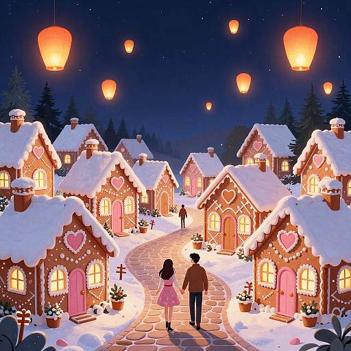 Whimsical night scene of a snow-covered fairy-tale village with glowing gingerbread houses, heart-shaped windows, lit lanterns, and a couple
