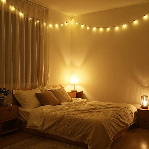 Cozy bedroom with warm yellow string lights, beige walls, white curtains, and a neatly made bed with brown pillows. Soft lamp light on nightstand