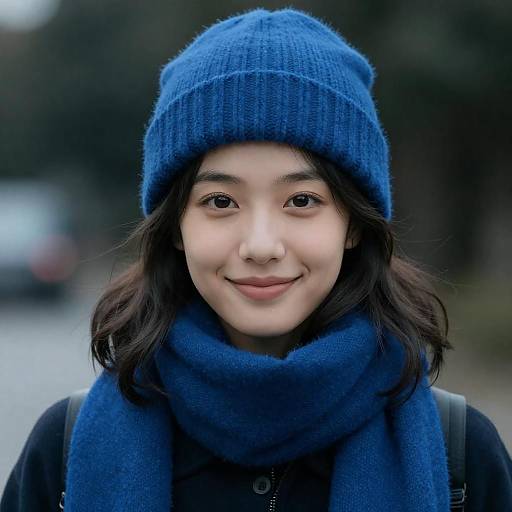 Softly Smiling Woman in Blue Accessories