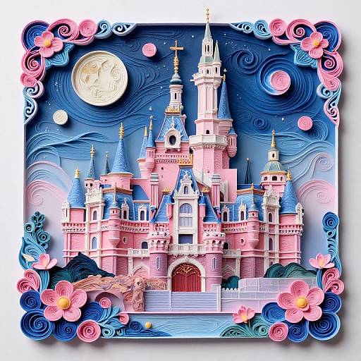 Vibrant digital illustration of a pink, fairy-tale castle with blue turrets, surrounded by swirling blue and pink flowers, under a moonlit
