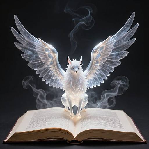 Digital artwork of a glowing white, winged mythical creature sitting on an open book, surrounded by ethereal smoke, against a dark background.