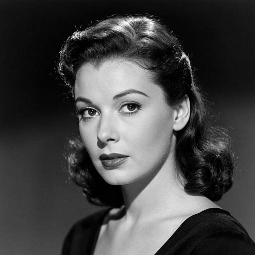 Black-and-white photograph of a 1940s-style woman with wavy, shoulder-length hair, dark lipstick, and a serious expression, wearing a