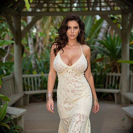 Photograph of a curvy woman with long, wavy dark hair, wearing a revealing, white lace dress, standing in a lush, tropical garden