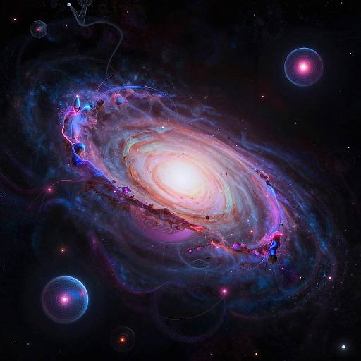 Photorealistic digital artwork of a vibrant spiral galaxy with glowing core, surrounded by neon blue and pink wisps, set in a dark, star-st