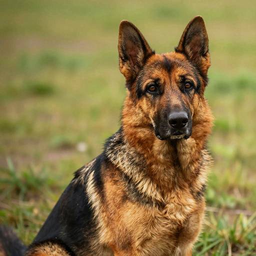 Photograph of a German Shepherd with a black and tan coat, sitting in a grassy field, looking directly at the camera.