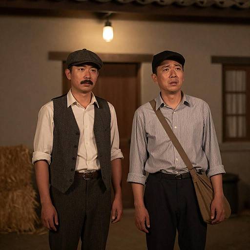 Two men standing outside rustic building at night