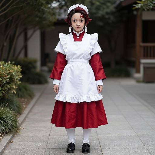 Photograph of an Asian girl with short red hair, wearing a red and white maid outfit, white stockings, black shoes, standing on a paved path
