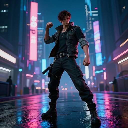 Cyberpunk city night scene: young man with messy brown hair, black jacket, and cargo pants, flexing fists, neon lights, wet street
