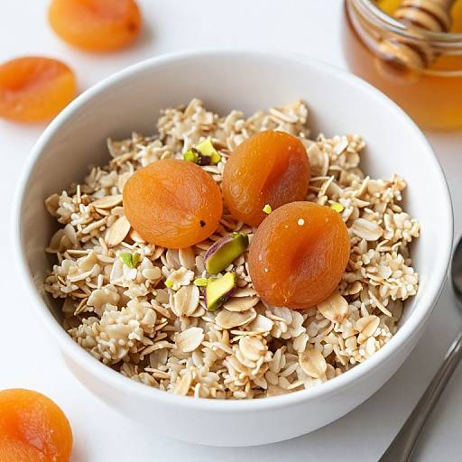 Photograph of a white bowl filled with oatmeal topped with three dried apricots and a green chili slice, with blurred apricots and a