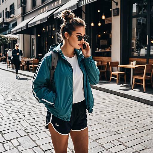 Sporty woman in windbreaker on city street