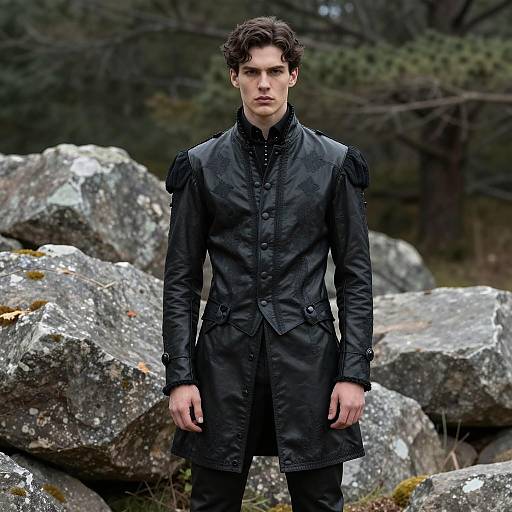 Young Man in Black Victorian Gothic Outfit Outdoors