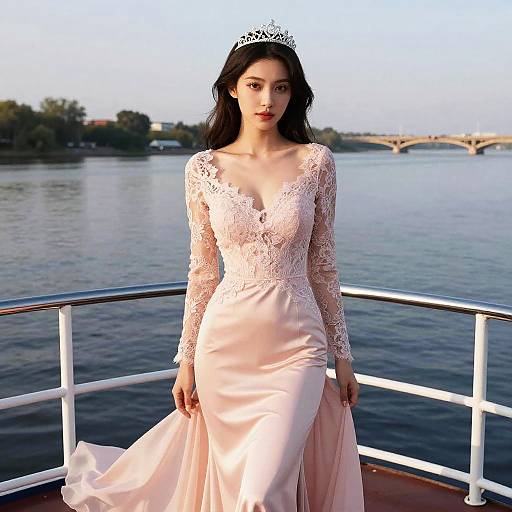 Photograph of a young woman with fair skin and dark hair, wearing a pink lace wedding dress and tiara, standing on a boat by a river