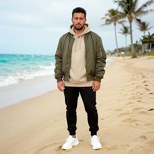 Photograph of a bearded man with short black hair, wearing an olive green jacket, white hoodie, black pants, and white sneakers, standing on