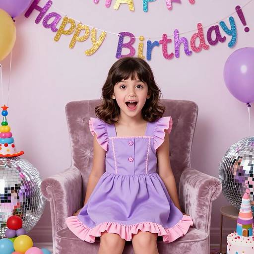 Photograph of a young girl with dark brown hair, wearing a lavender dress with pink frills, sitting on a purple chair, smiling, surrounded by