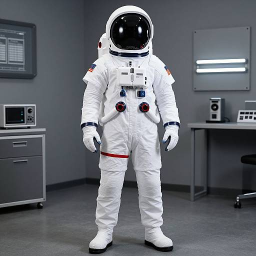 Photograph of an astronaut in a white spacesuit with a black visor, standing in a gray, sterile control room with technical equipment.