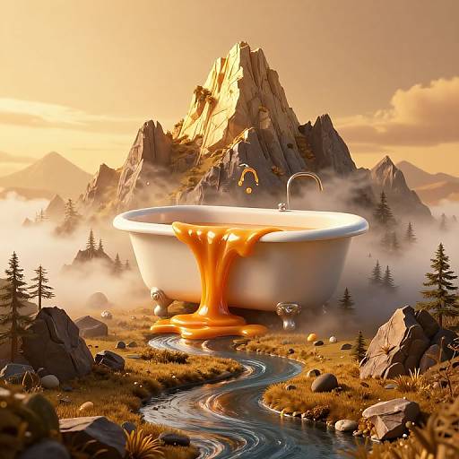 Digital artwork of a white, clawfoot bathtub overflowing with golden liquid, set in a misty mountain landscape with a winding river.