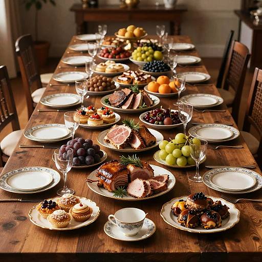 Elegant Banquet Table with Meats, Fruits, and Pastries