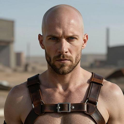 Bald, bearded man with intense gaze, wearing leather harness, set against a blurred, industrial desert background. Photorealistic CGI.