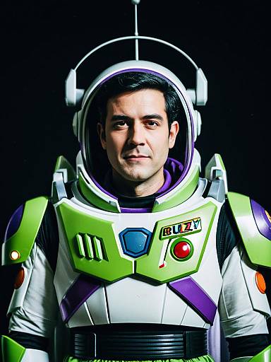 Photograph of a man in a futuristic green and white astronaut suit with purple accents, helmet, and illuminated buttons, against a black background.