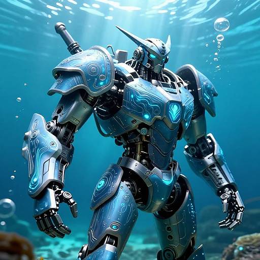 Photorealistic CGI of a glowing blue, futuristic robotic warrior underwater, with sunlight filtering through, bubbles rising, and detailed circuitry patterns.
