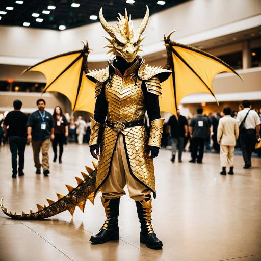 Person in Gold Dragon Costume at Convention Center