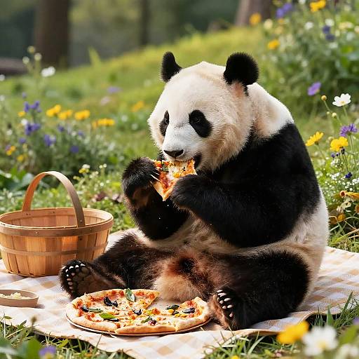 Panda Picnic with Pizza and Wildflowers