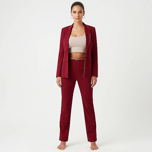 Photograph of a dark-skinned woman with tied-back hair, wearing a red blazer, white crop top, and red high-waisted trousers