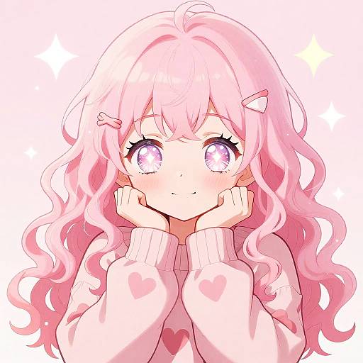 Cute anime girl with long pink wavy hair, large purple eyes, and pink heart sweater, hands on cheeks, smiling softly. Digital art.