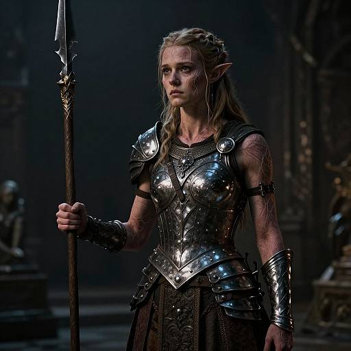 Photograph of a young, blonde, elven woman with pointed ears, wearing shiny silver armor and holding a spear, in a dark, medieval-style