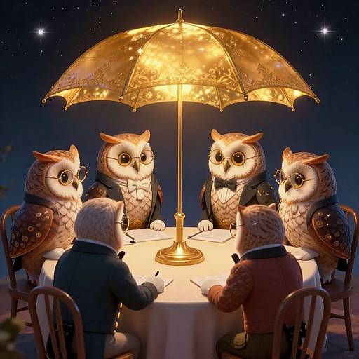 Photograph of five anthropomorphic owls in tuxedos and one human in a suit, dining under a glowing, patterned umbrella at night