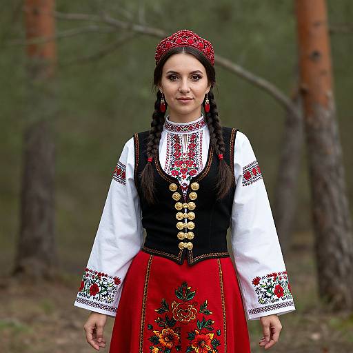 Photograph of a woman with dark braids, red headband, black vest, white blouse, red skirt with floral embroidery, standing in a forest