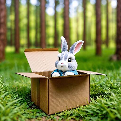 Cute Rabbit in Cardboard Box in Forest