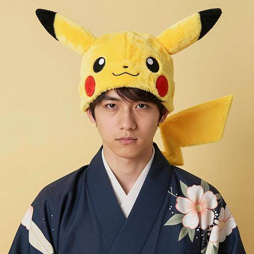 Young Asian Man in Pikachu Hat and Traditional Kimono