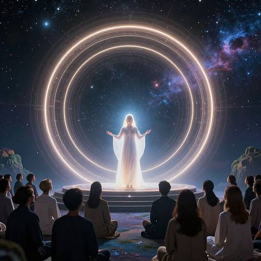 Photograph of a figure in a glowing white robe, standing on a circular illuminated platform, surrounded by concentric light rings, with an audience seated in