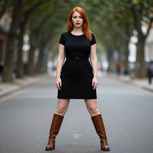 Photograph of a red-haired woman with pale skin, wearing a black dress, brown knee-high boots, and red lipstick, standing confidently on an empty