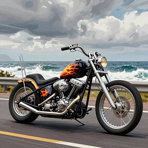 Digital painting of a black motorcycle with fiery orange flames, speeding along a coastal road with crashing waves and cloudy sky.