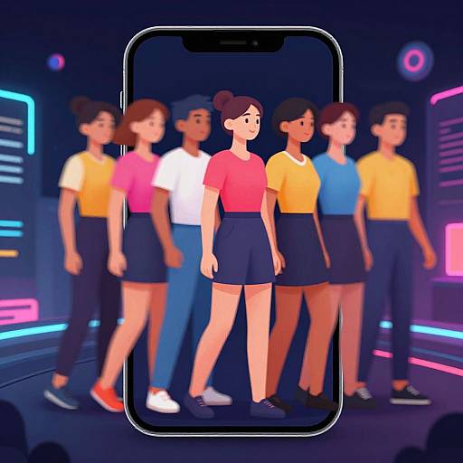 Digital illustration of diverse women in colorful t-shirts and blue shorts, standing in front of a glowing, neon-lit background, framed by a large smartphone