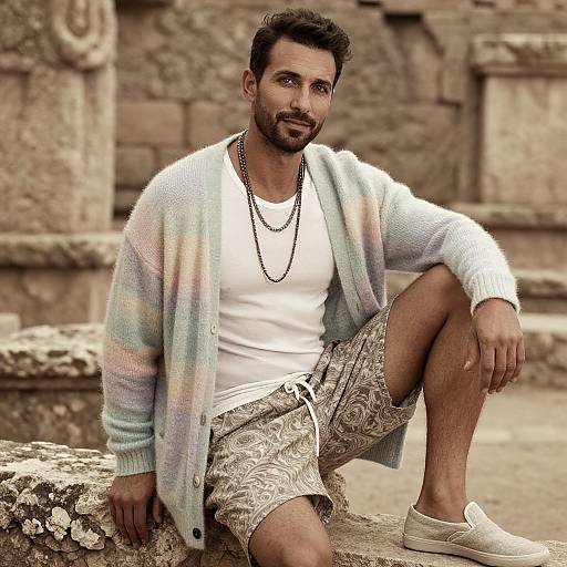 Photograph of a bearded man with dark hair, wearing a pastel cardigan, white tee, patterned shorts, and white sneakers, sitting