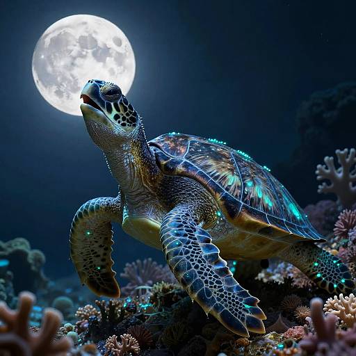 Photorealistic CGI of a glowing, bioluminescent sea turtle swimming under a full moon, surrounded by colorful coral reefs.
