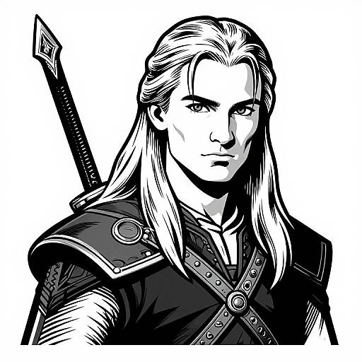 Black-and-white digital drawing of a stern, long-haired male warrior with a sword on his back, wearing ornate armor. Bold, high-contrast