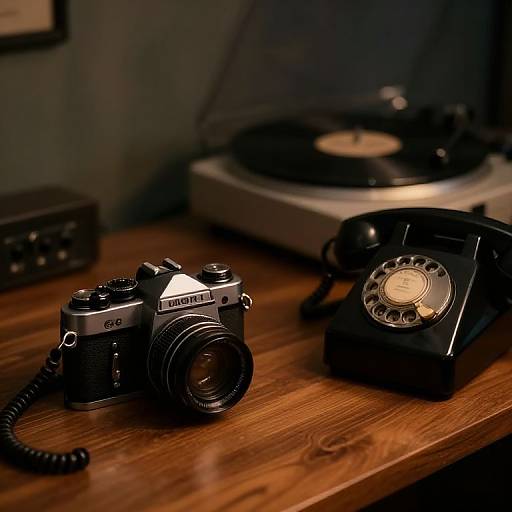 Photograph of a vintage Olympus camera and black rotary phone on a wooden desk, with a vinyl record player in the background. Warm, dim lighting.